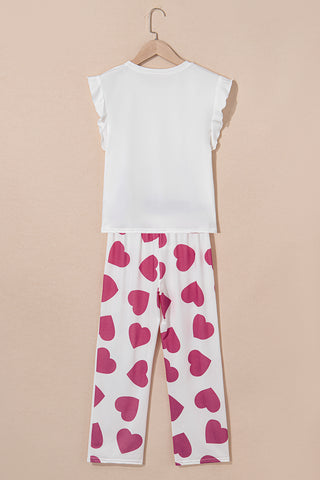 Pink Ruffled Tank Top And Heart Print Pants Lounge Set