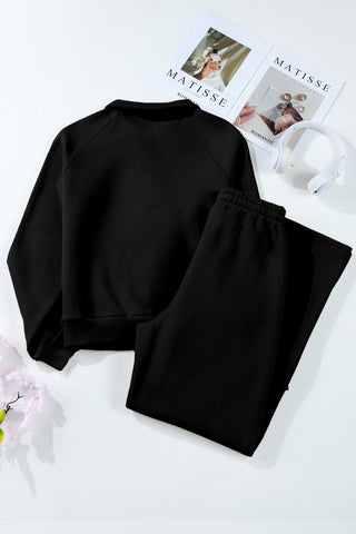 Black Solid Collared Sweatshirt and High Waist Pants Active Set