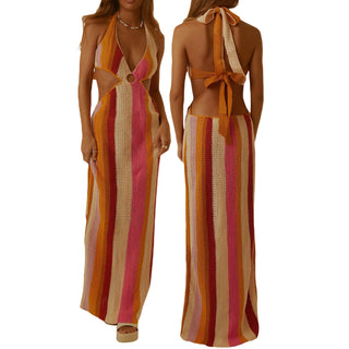 Yiiciovy Women Bikini Cover-Ups Knitted Hollow V-neck Halter Tie-up Dress Swimsuit Cover-Up Sexy Backless Crochet Beach Dresses