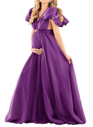 Maternity Chiffon V-Neck Dress Robe Sheer Puffy Gown for Pregnancy Baby Shower Photoshoot - Pregnancy Sheer Gown