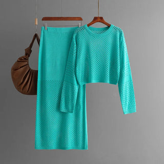 Women's clothing 2025 new summer long sleeved hollow knitted sweater long skirt fashion two-piece dress set skirt sets