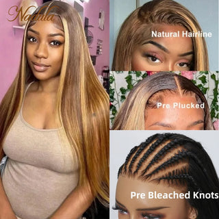 Nadula Hair 7X5 Bye Bye Knots Glueless Pre Cut Lace Closure Wig Honey Blond Highlight Root Pre Bleach Knots Wig Straight Hair