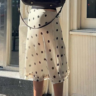 90s Vintage Polka Dot Midi Skirts Y2k Coquette Low Waist See Through A-line Skirt Women Ladies Beach Vacation Frill Trim Skirts