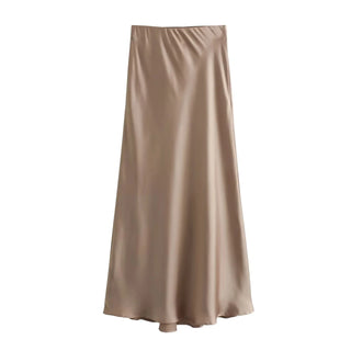 TRAFZA 2024 Y2K Casual Women Long Skirt Spring Elastic High Waisted A-Line Casual Female Satin Skirts High Street Lady Skirts